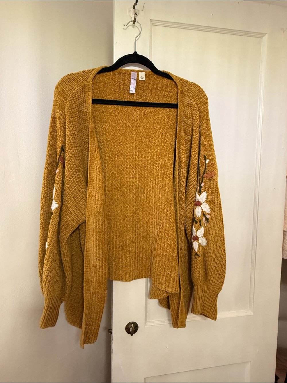 Mustard Floral Embroidered Open-Front Cardigan Sweater